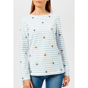 Joules Harbour Top Womens US 2 Blue White Striped Bumble Bee Long Sleeve Cotton